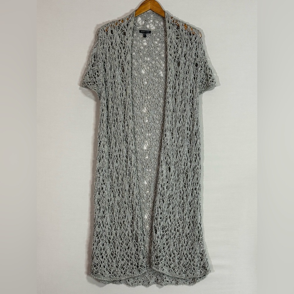 Eileen Fisher Italian Yarn Open Knit Linen Blend Duster Vest XL Gray